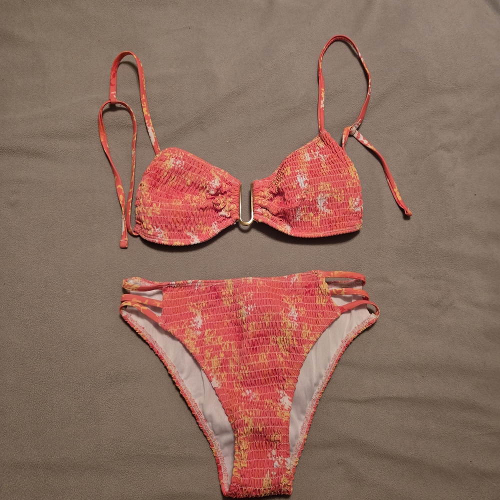SHEIN Pink and Orange High-Waisted Bikini Set